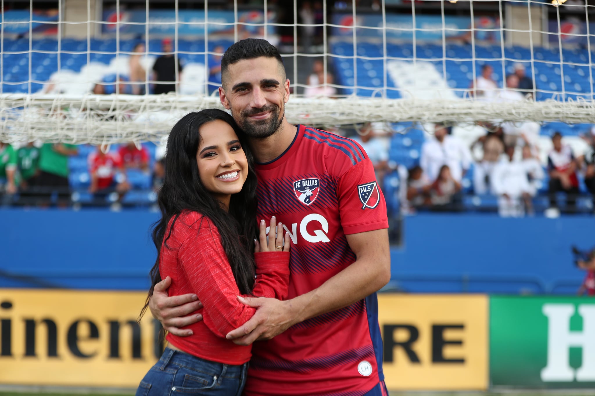 FRISCO, TX - OCTOBER 09: Singer Becky G and boyfriend Sebastian Lletget #12 of FC Dallas pose for a photo after the game between FC Dallas and Sporting Kansas City at Toyota Stadium on October 9, 2022 in Frisco, Texas.  (Photo by Omar Vega/Getty Images)
