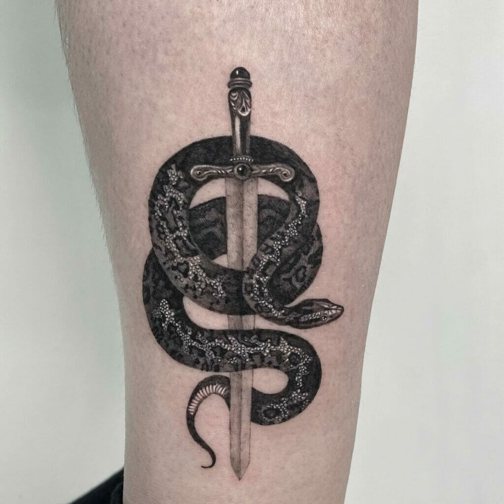 Black and gray sword and snake tattoo