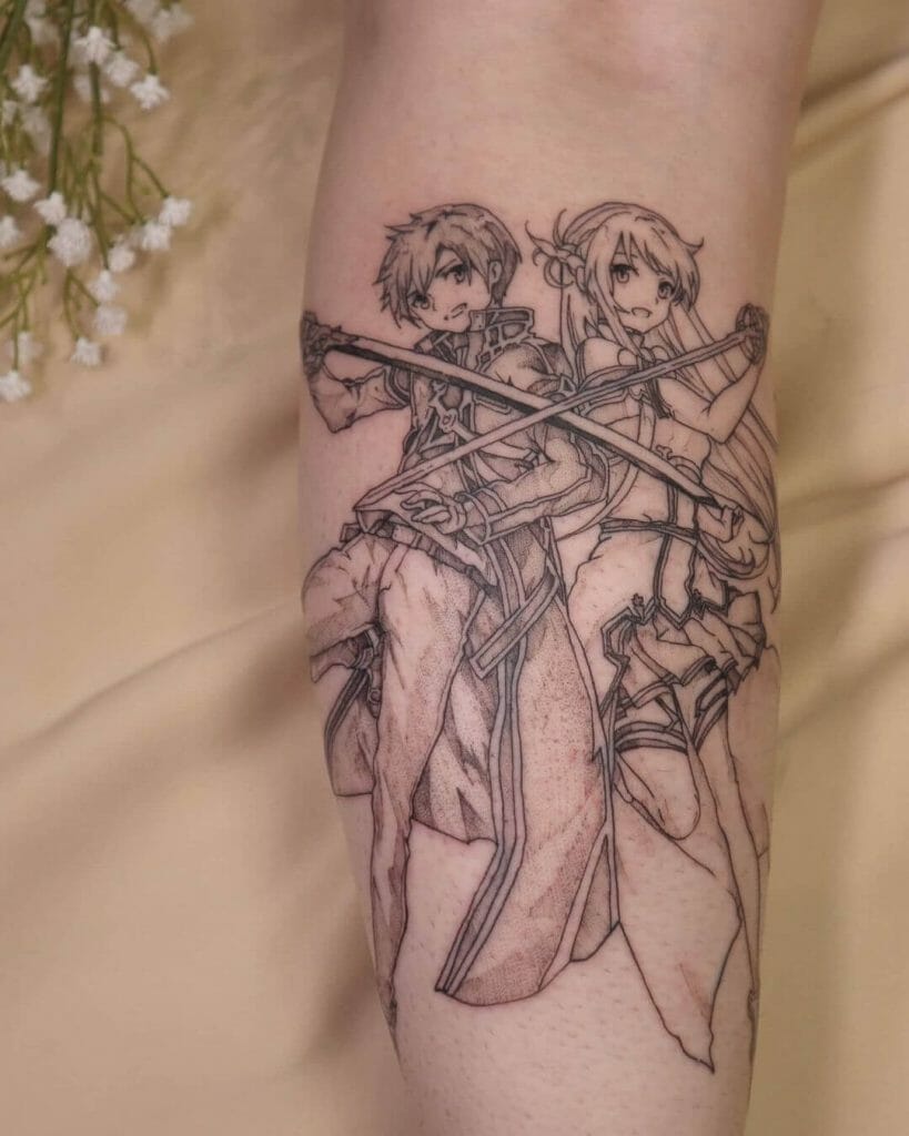 Black and white sword art line tattoo of Kirito and Asuna