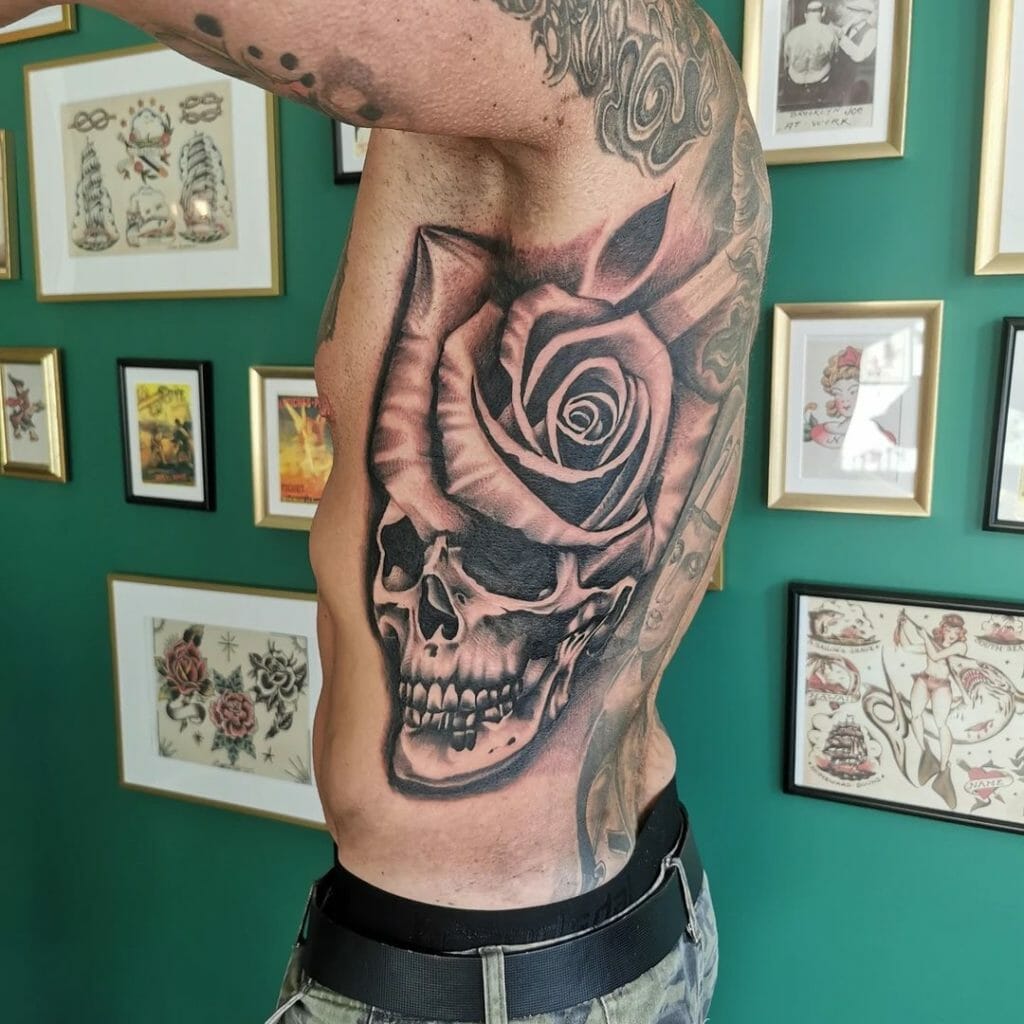 Black and Gray Rose Tattoo with Skull