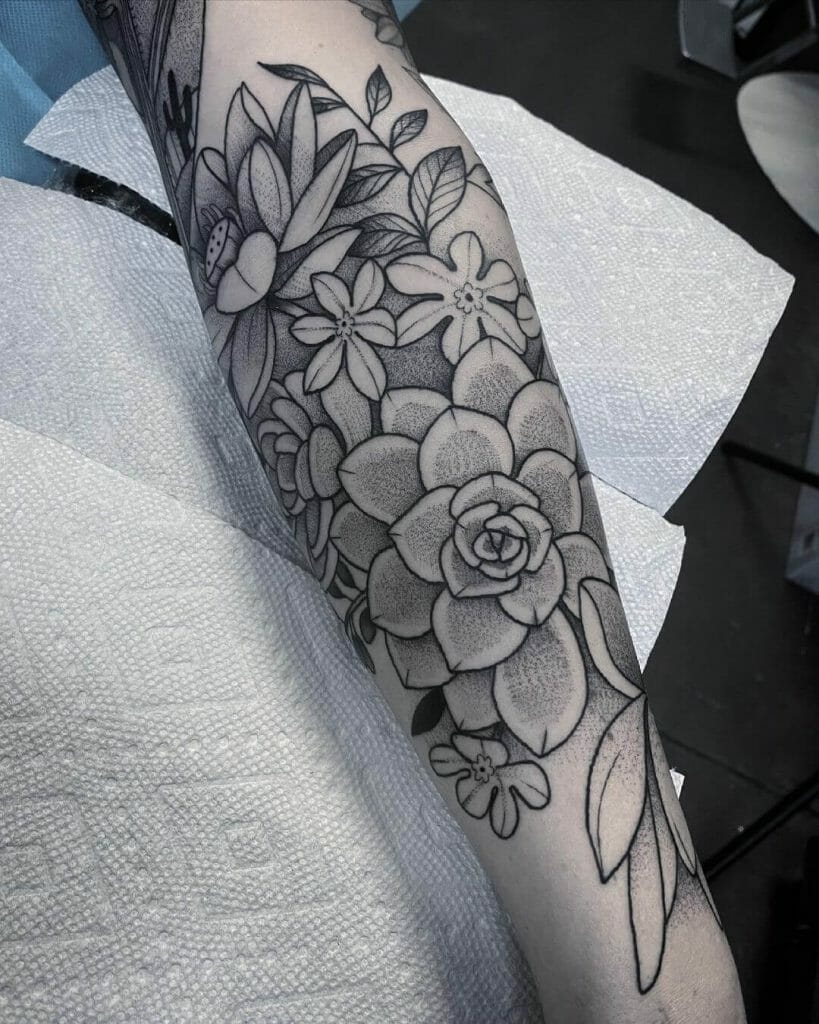 Succulent black and white tattoo
