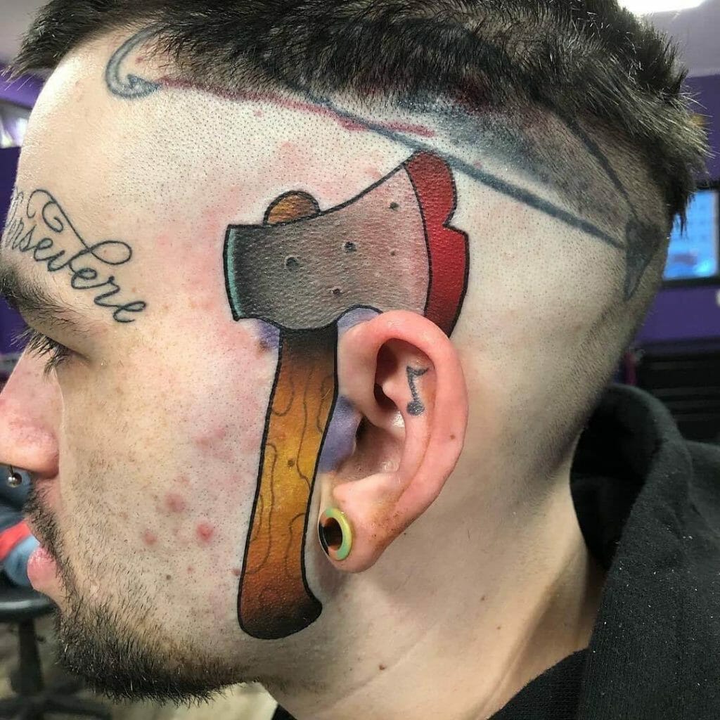 Bold ax tattoo on face