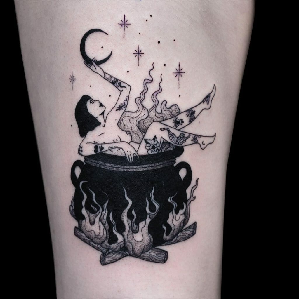 Traditional burning witch tattoo