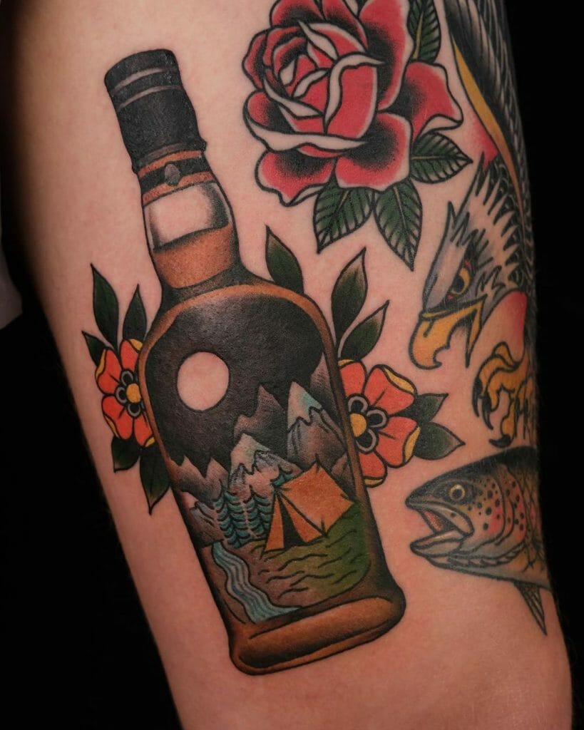 Camping whiskey bottle tattoo