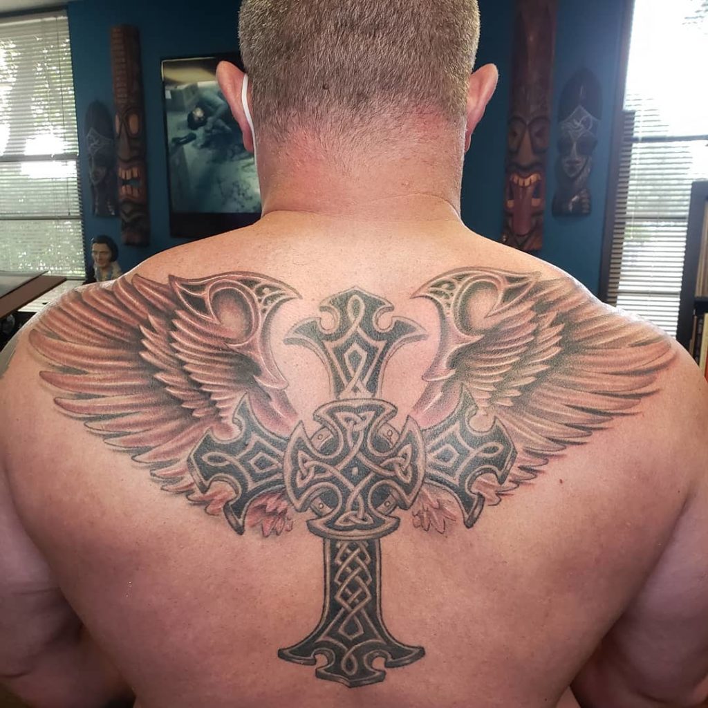 Celtic cross back tattoo