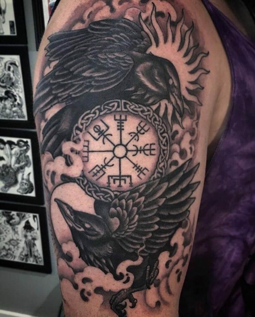 Celtic Huginn and Muninn black and white tattoo