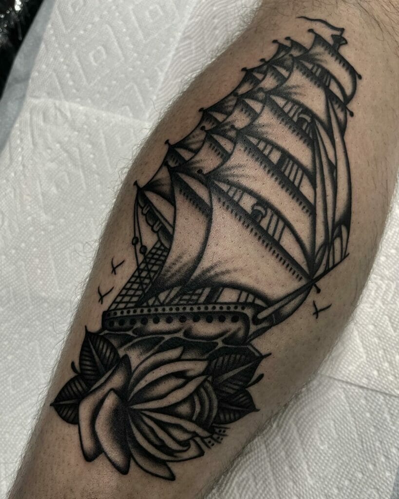 Classic Americana tattoo sleeves with ship design
