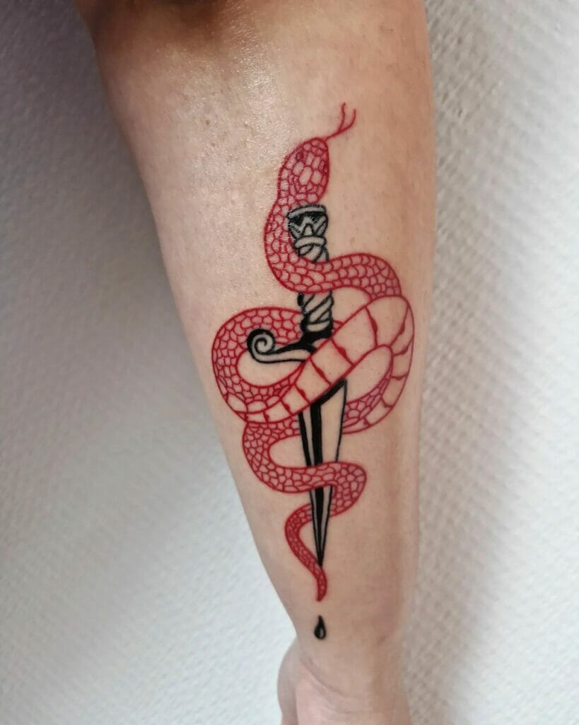 Contemporary red and black snake sword tattoo