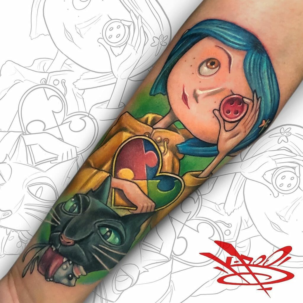 Coraline Autismus-bezogene Tattoo-Design-Ideen mit leuchtenden Farben