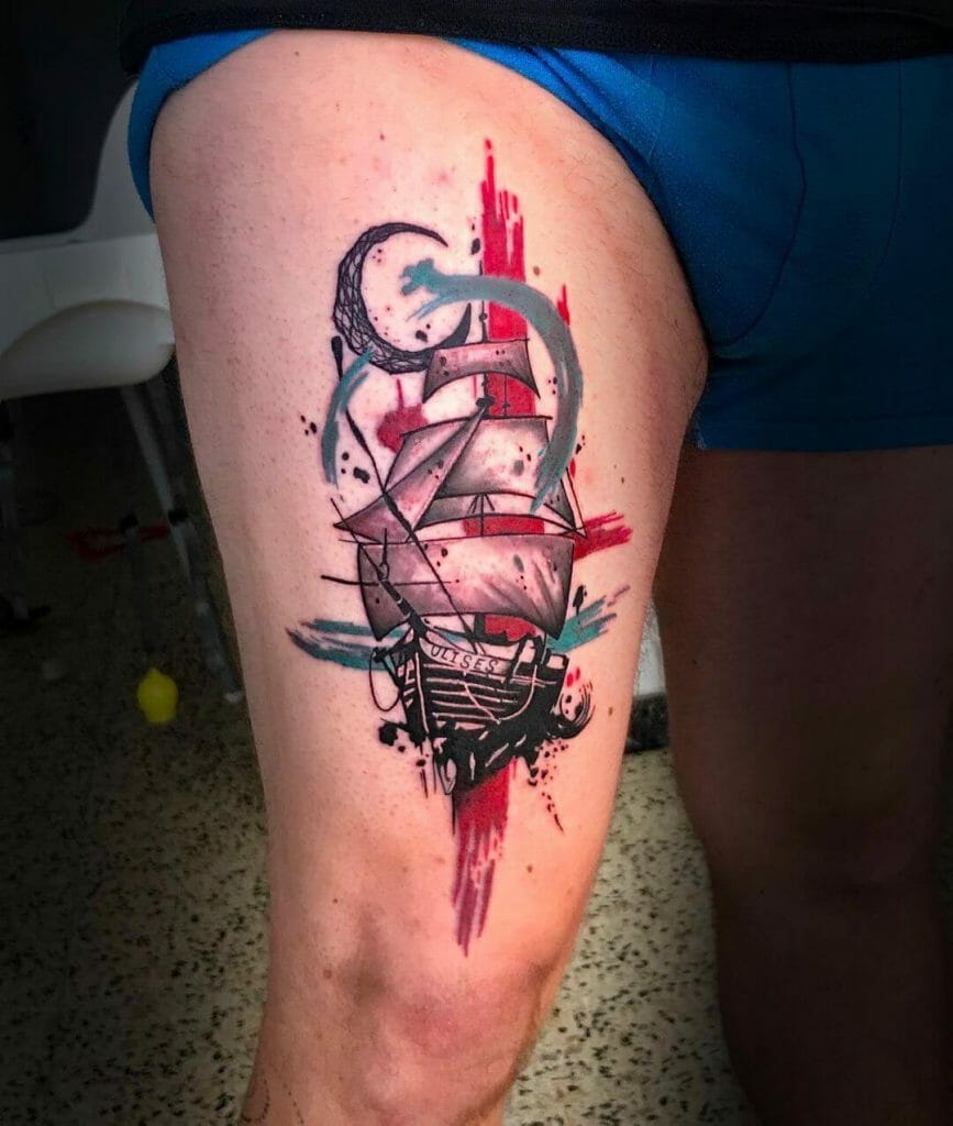 Dark crescent and allegorical sailing boat tattoo