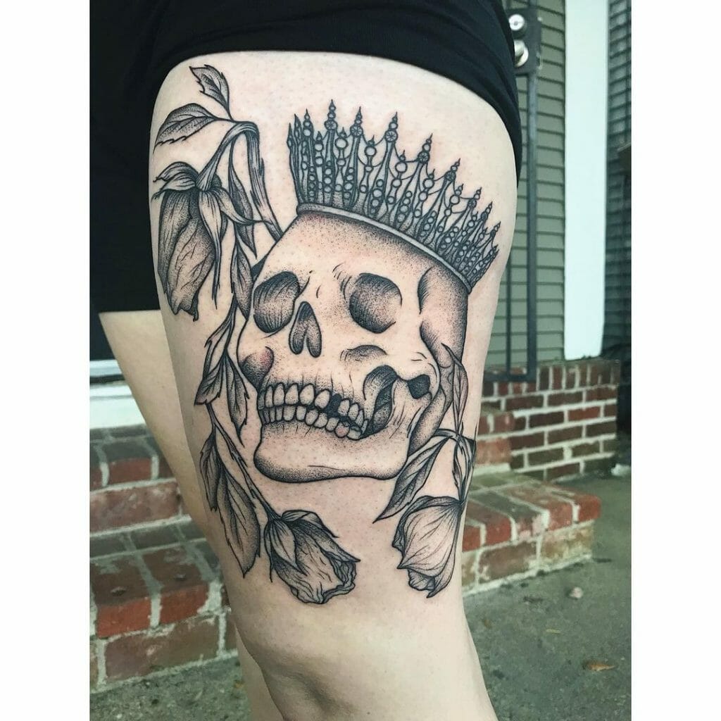 Dead rose tattoo with a skull and a crown