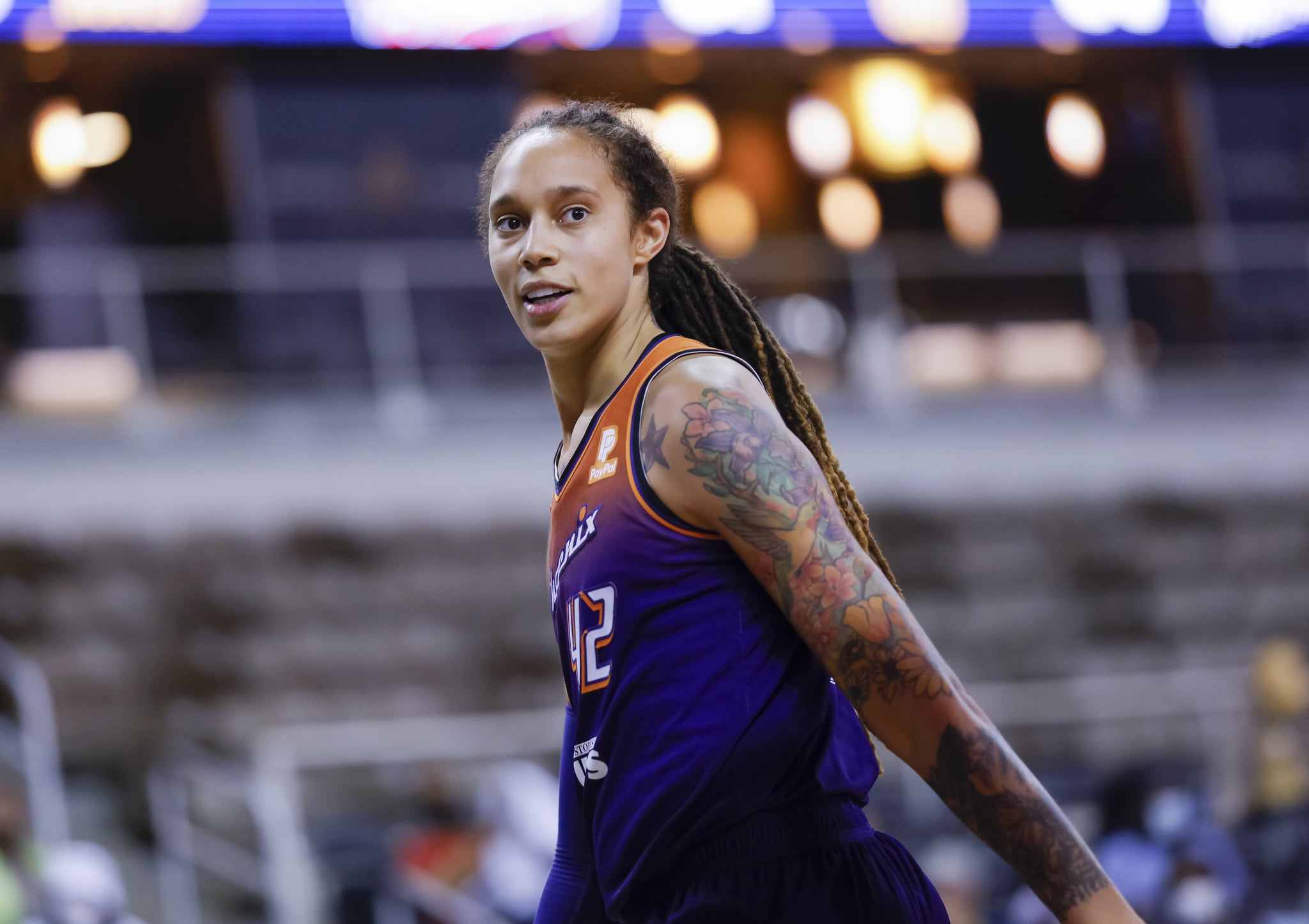 INDIANAPOLIS, IN - SEPTEMBER 06: Brittney Griner #42 of the Phoenix Mercury is seen during the game against the Indiana Fever at Indiana Farmers Coliseum on September 6, 2021 in Indianapolis, Indiana.  NOTICE TO USER: User expressly acknowledges and agrees that by downloading and/or using this photograph, the user agrees to the terms of the Getty Images License Agreement.  (Photo by Michael Hickey/Getty Images)