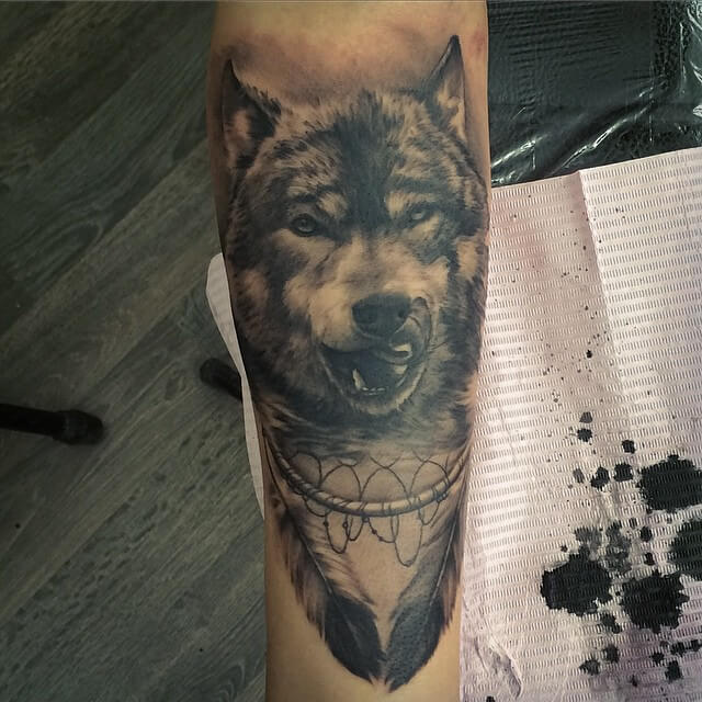 Dream Catcher Wolf Sleeve Tattoo