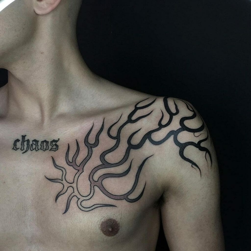 Elaborate tribal fire tattoo on the chest