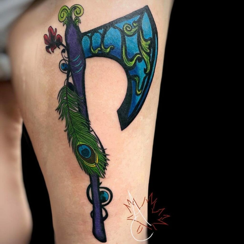 Eye-catching blue ax tattoo 