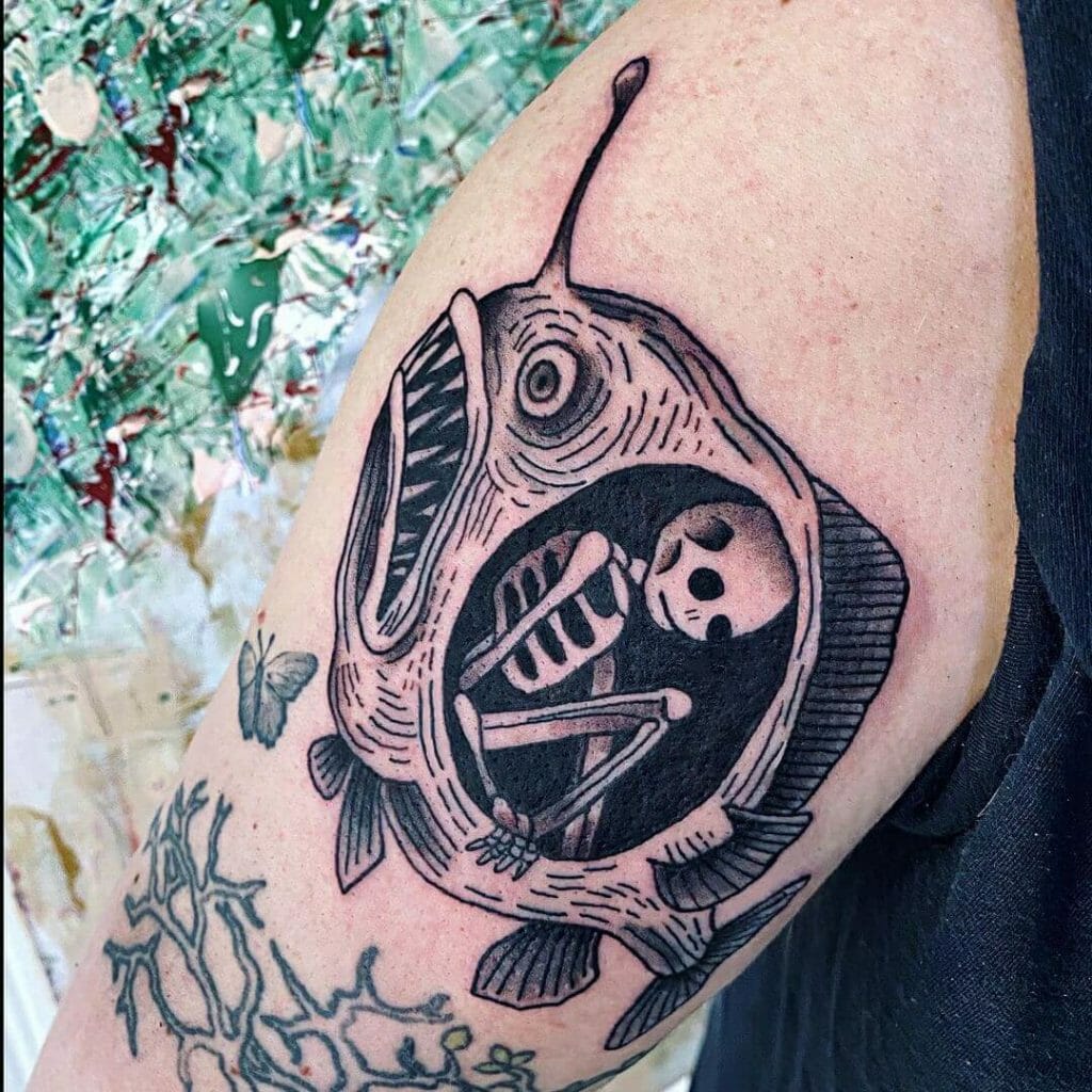 Fish and skeleton corpse tattoo