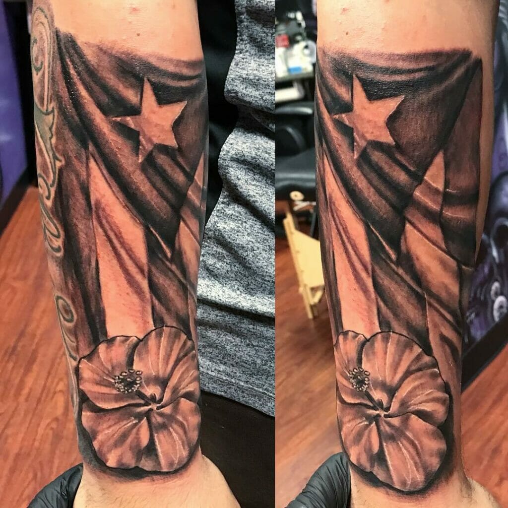 Floral puertoricanische Flagge Tattoo schwarz und weiß