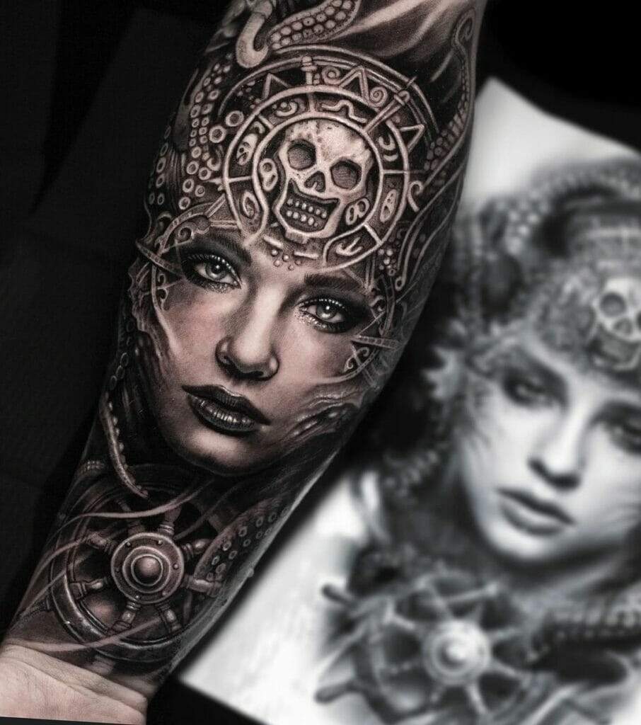 Greyscale Female Pirate Face Tattoo Sleeve