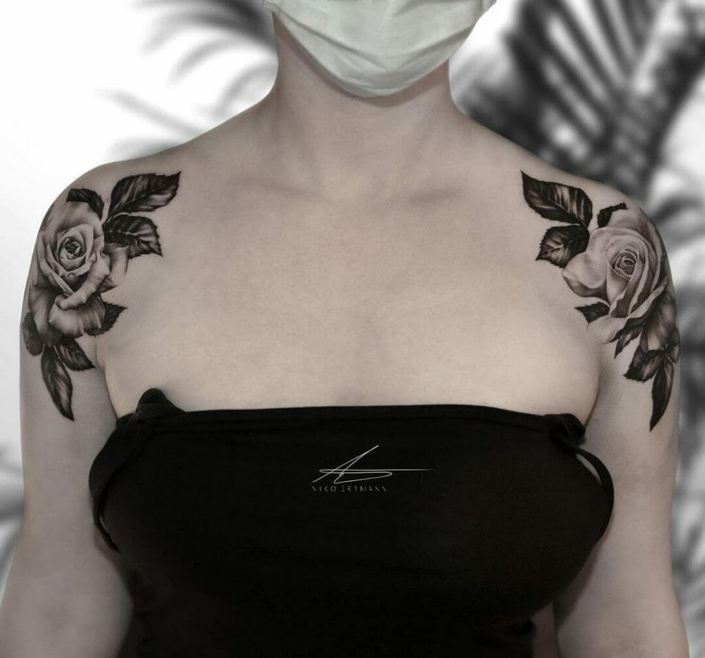 Ideen für identische Rose Tattoo auf beiden Schultern