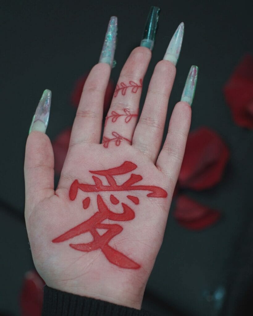 Japanese kanji love tattoo on palm