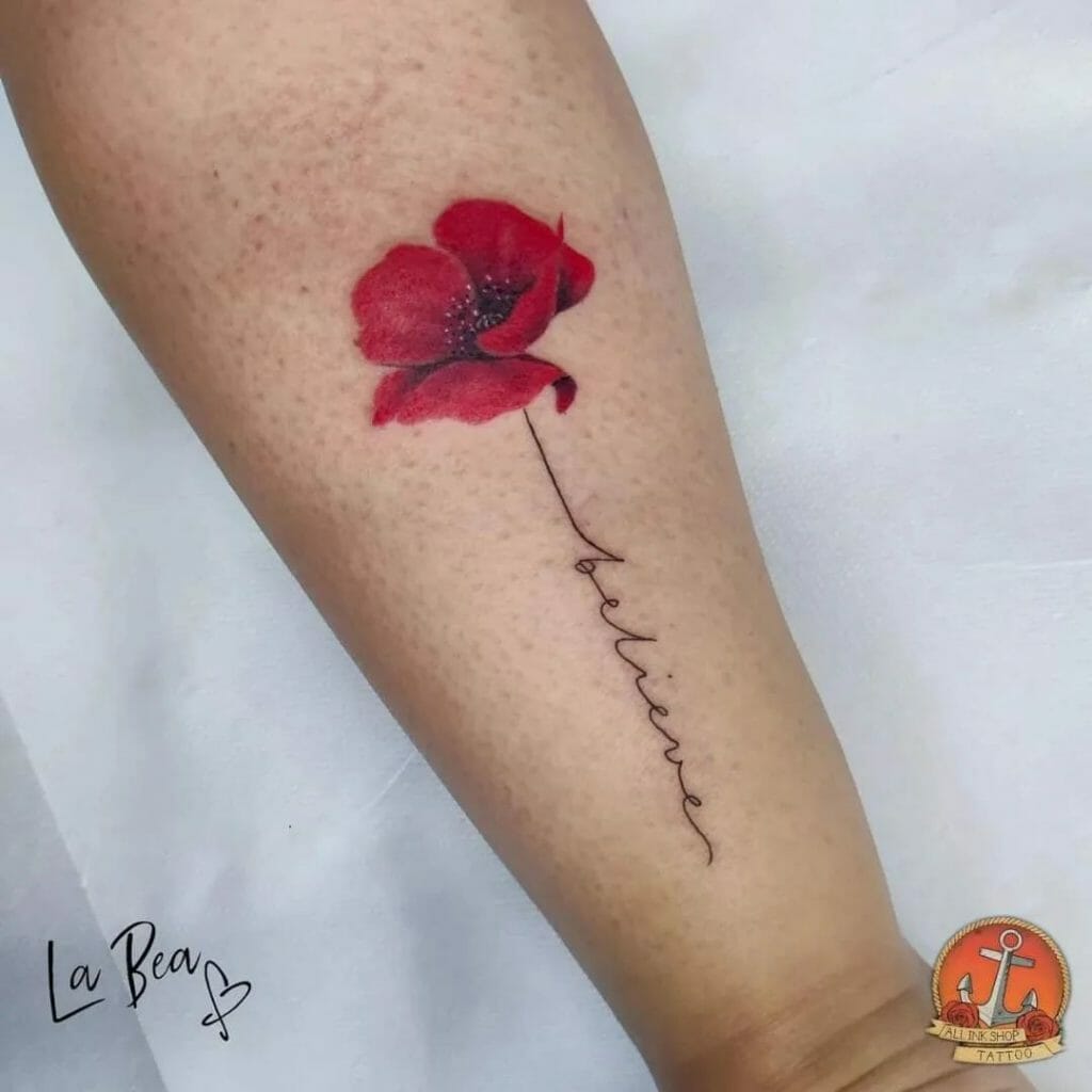 Lettered poppy birth flower tattoo ideas