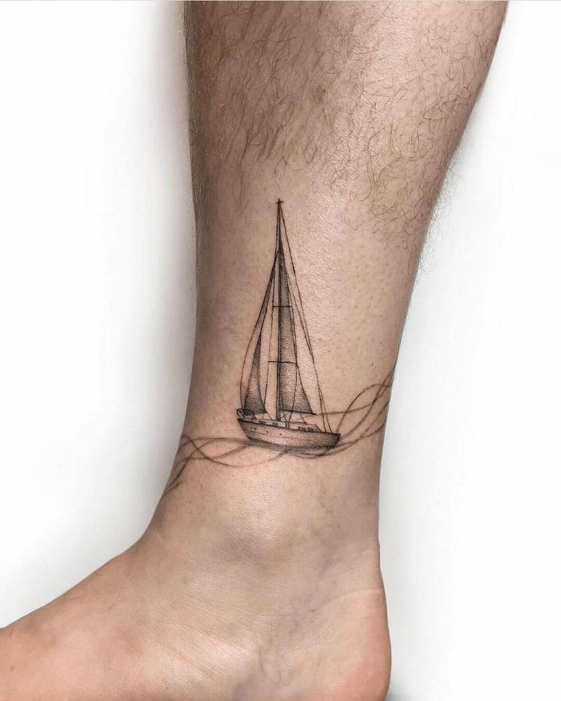 Linework sailboat ankle tattoo