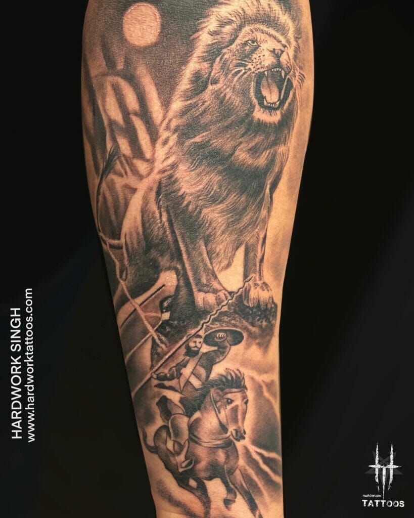 Lion and Singh Punjabi tattoo on sleeve