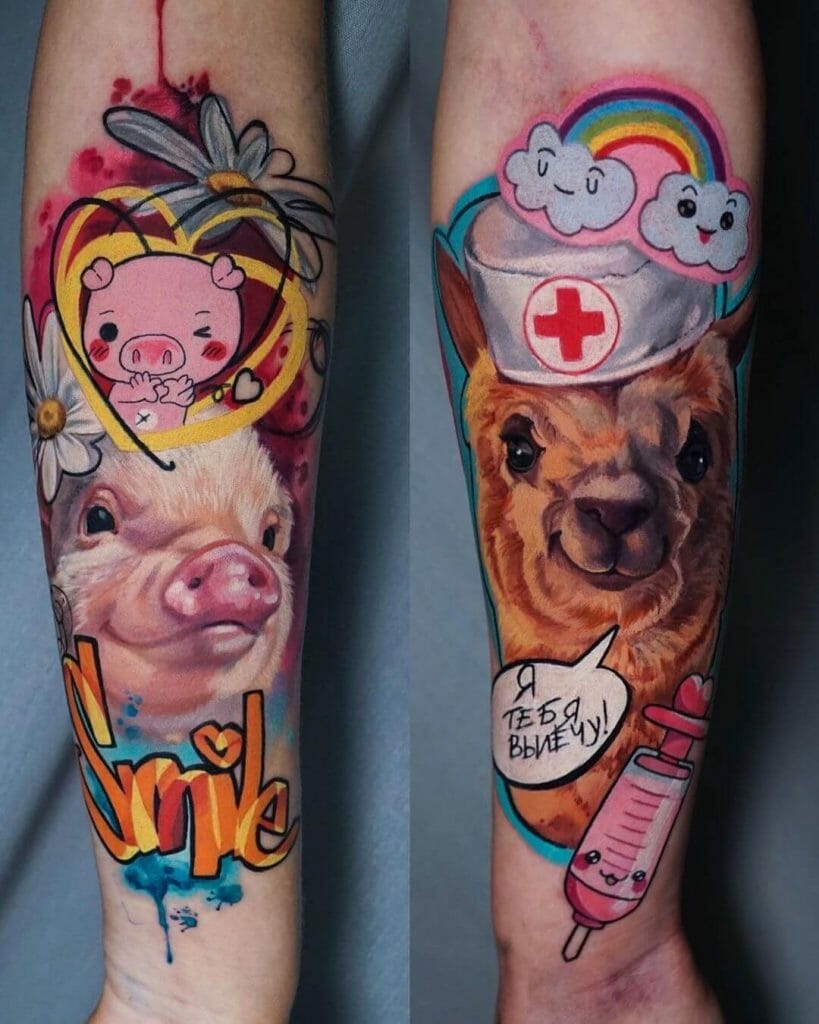 Llama and cute asian pig tattoo