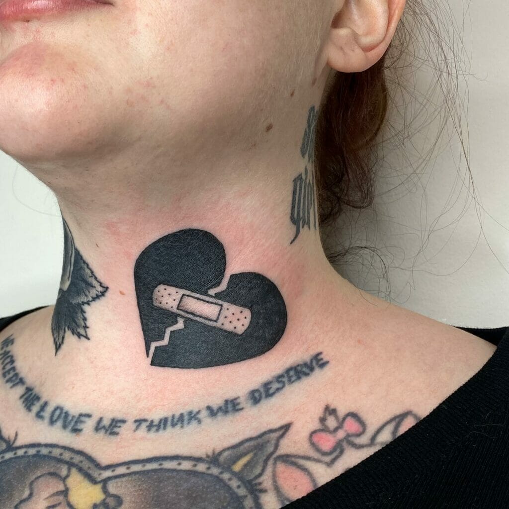 Male broken heart tattoo on neck