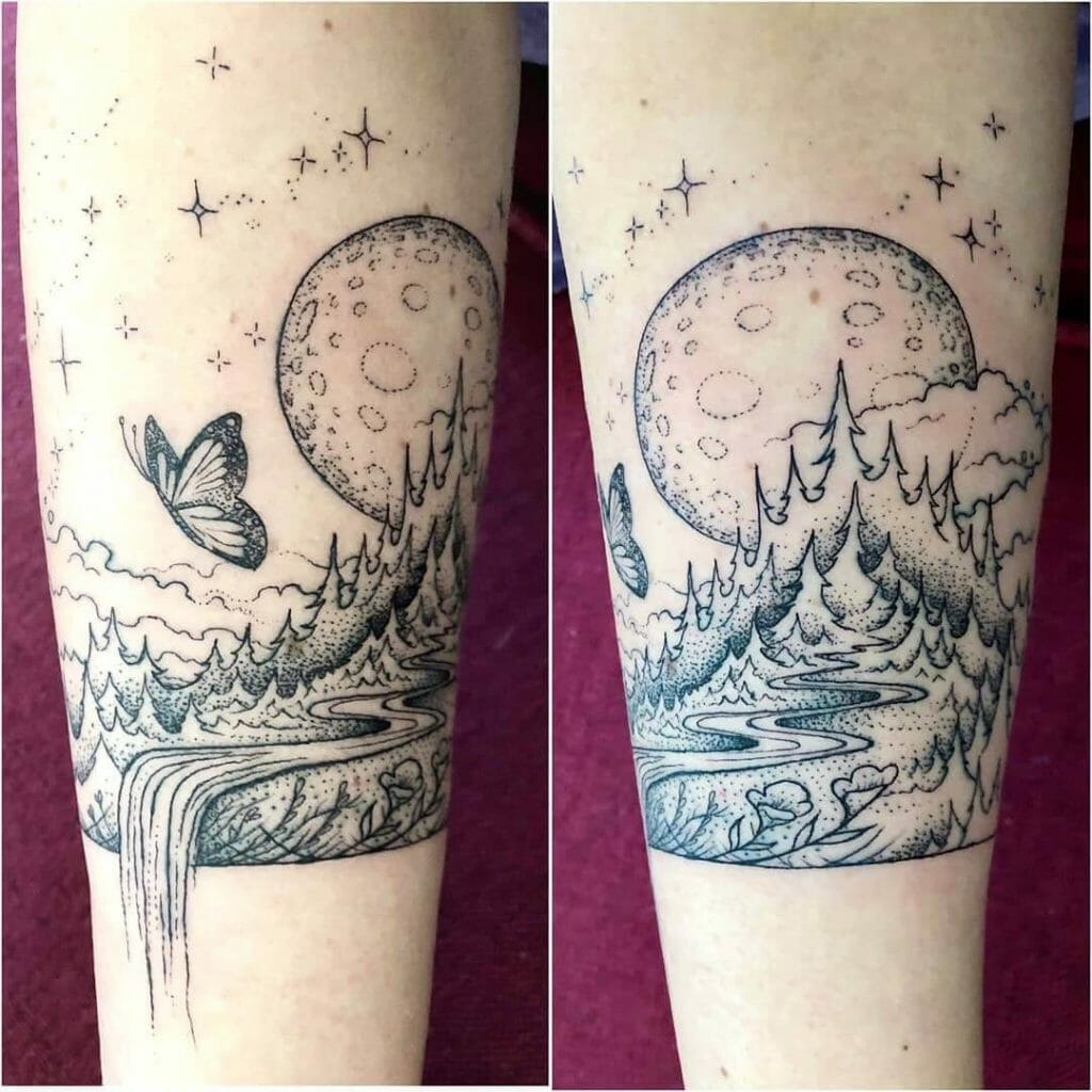 Mond- und Wasserfall-Tattoo-Designs