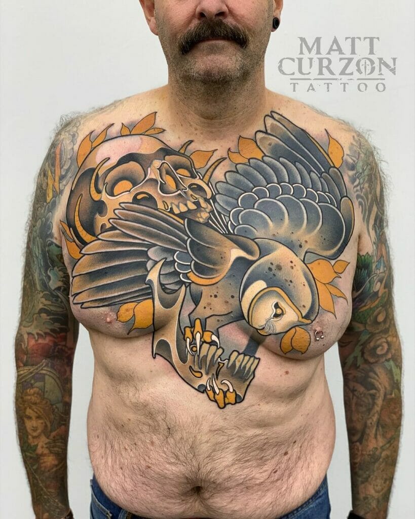 Owl chest tattoo