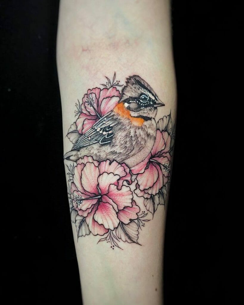 Pink Hibiscus Bird Nest Tattoo