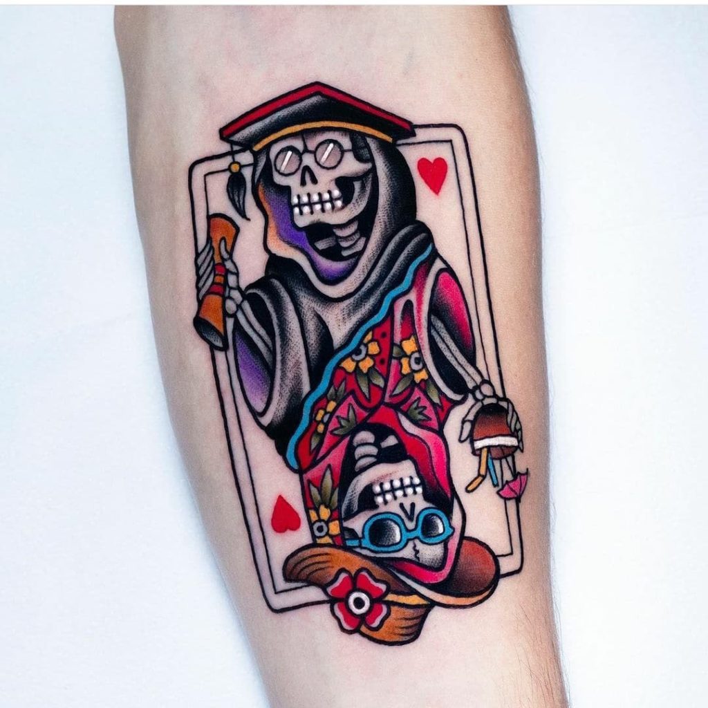 Playing card tattoo design with skeletons