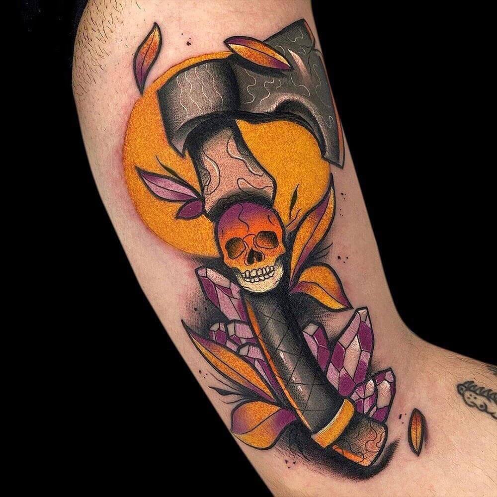 Quirky ax tattoo with skull