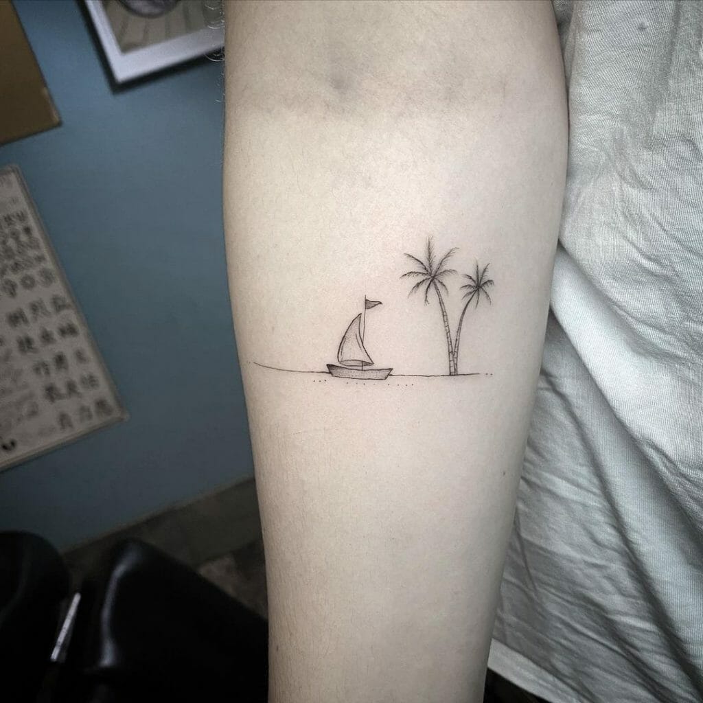 Sailing boat tattoo with palm trees