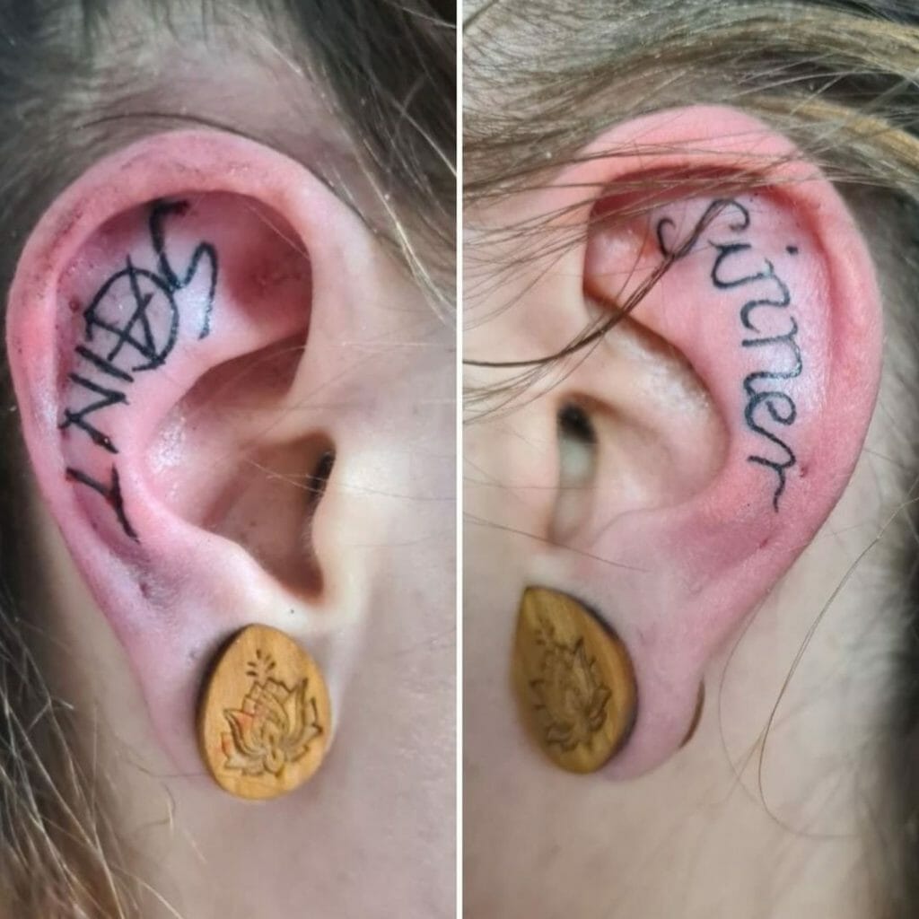 Saints and sinners tattoo in the ear