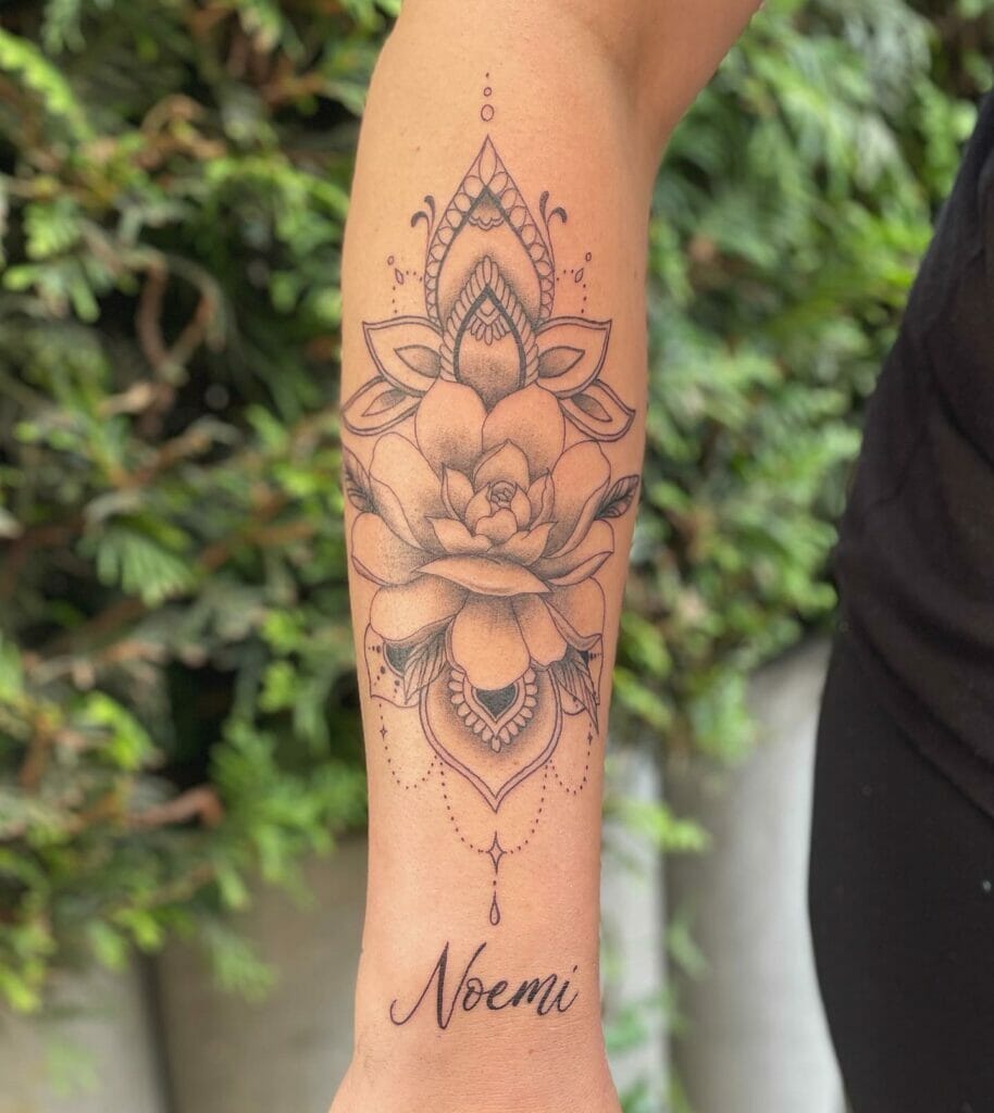 Sketchy mandala with name tattoo