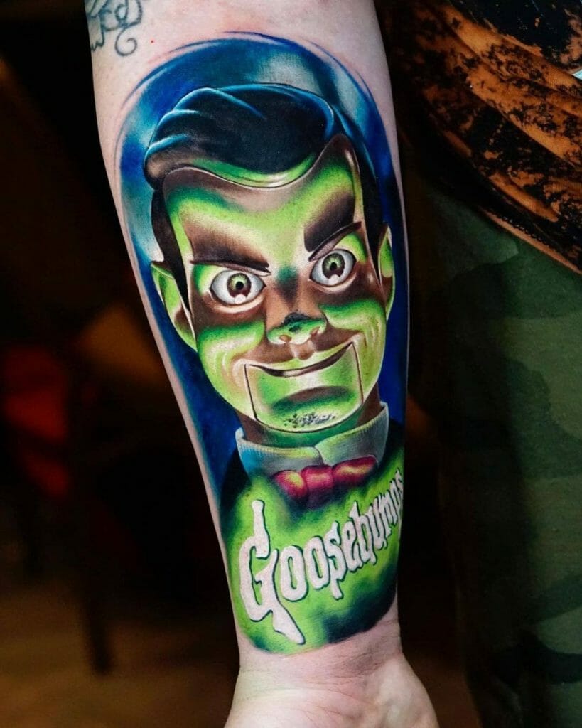 Slappy tattoo with his icy gaze