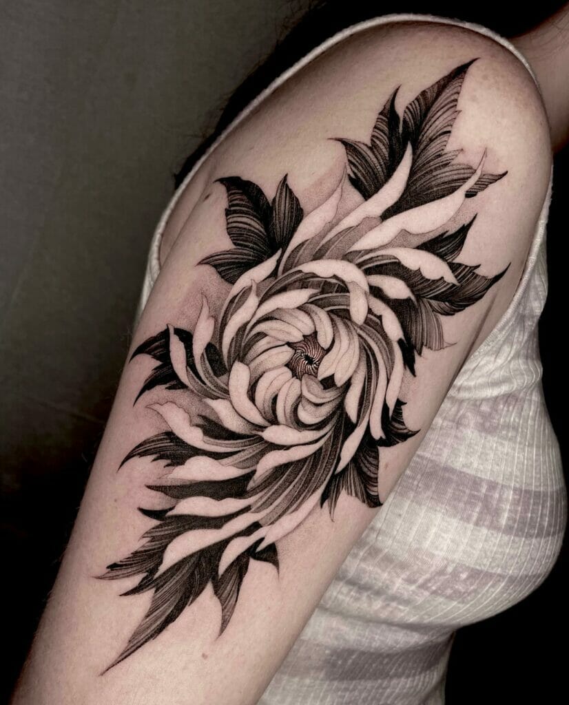 Spiral chrysanthemum with detailed leaf tattoo