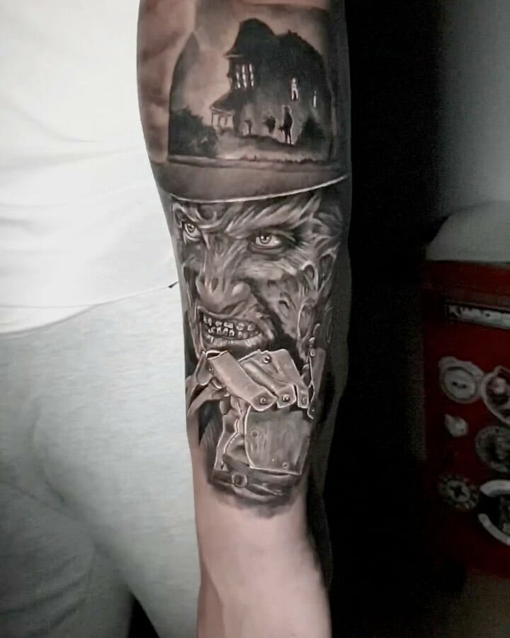 Freddy Krueger's dynamic grayscale tattoo