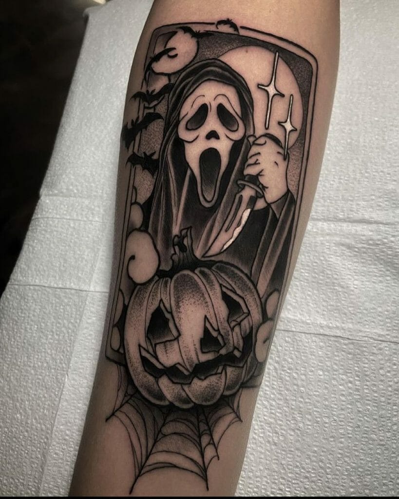The ghost face taboo tattoo with Halloween themes