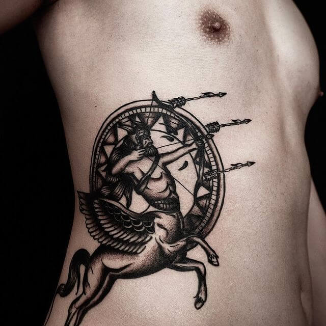 The zodiac sign Sagittarius tattoo depicting the archer symbol