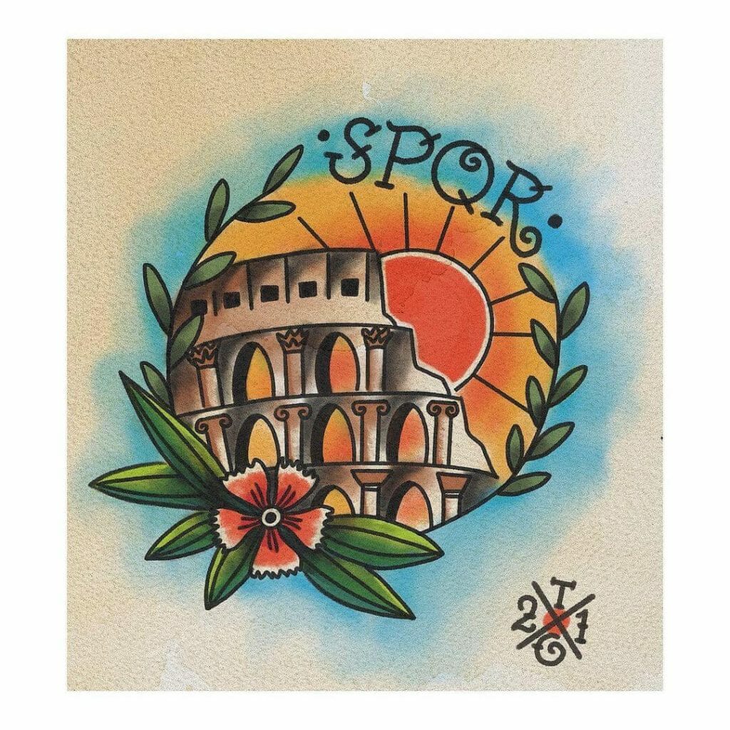 The SPQR tattoo done in stained glass style