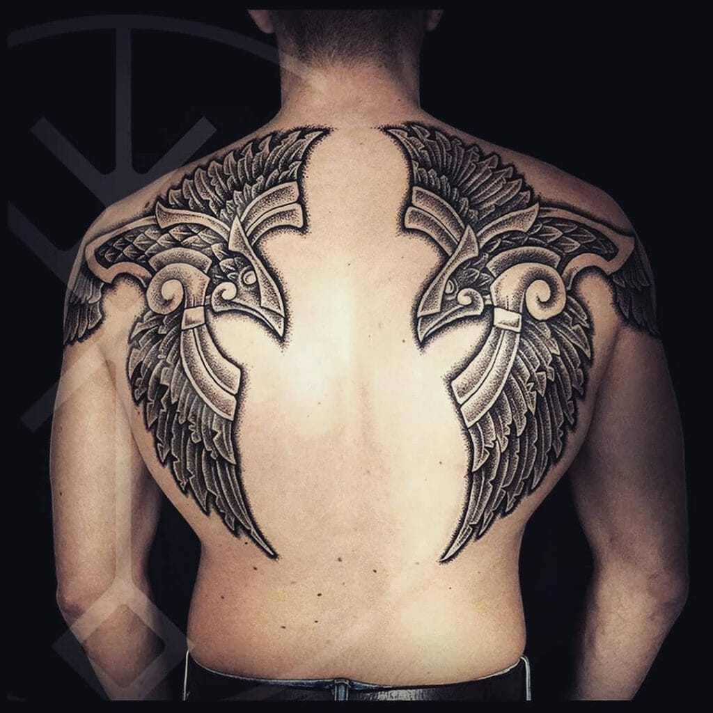 Unique and detailed shoulder tattoo design by Huginn & Muninn