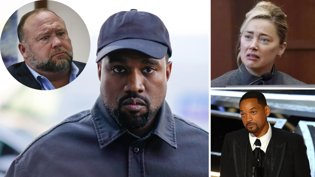 Kanye West tops a rather forgotten list of 2022 celebrities including Will Smith, Amber Heard and Alex Jones

+2023