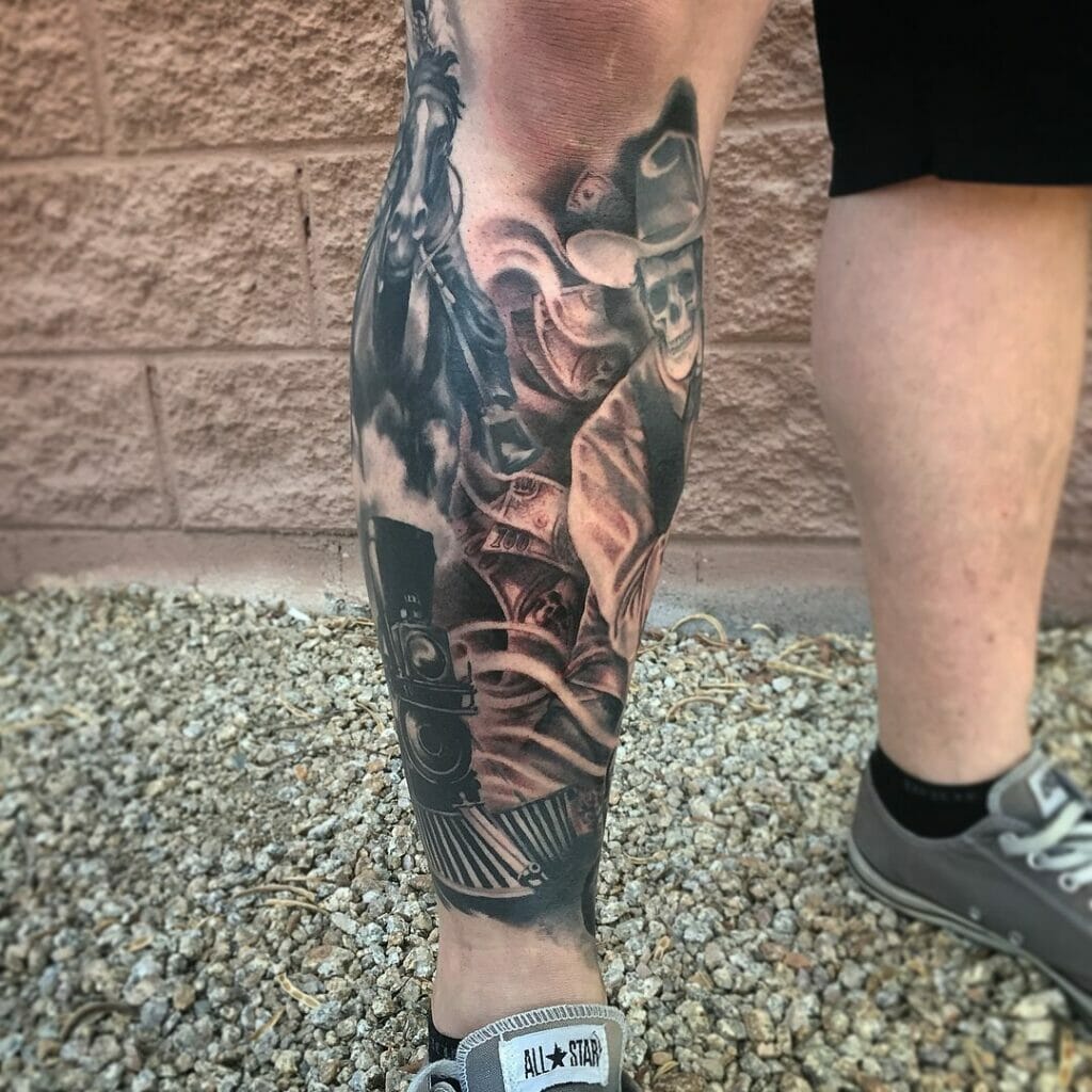 Western sleeve tattoo on leg