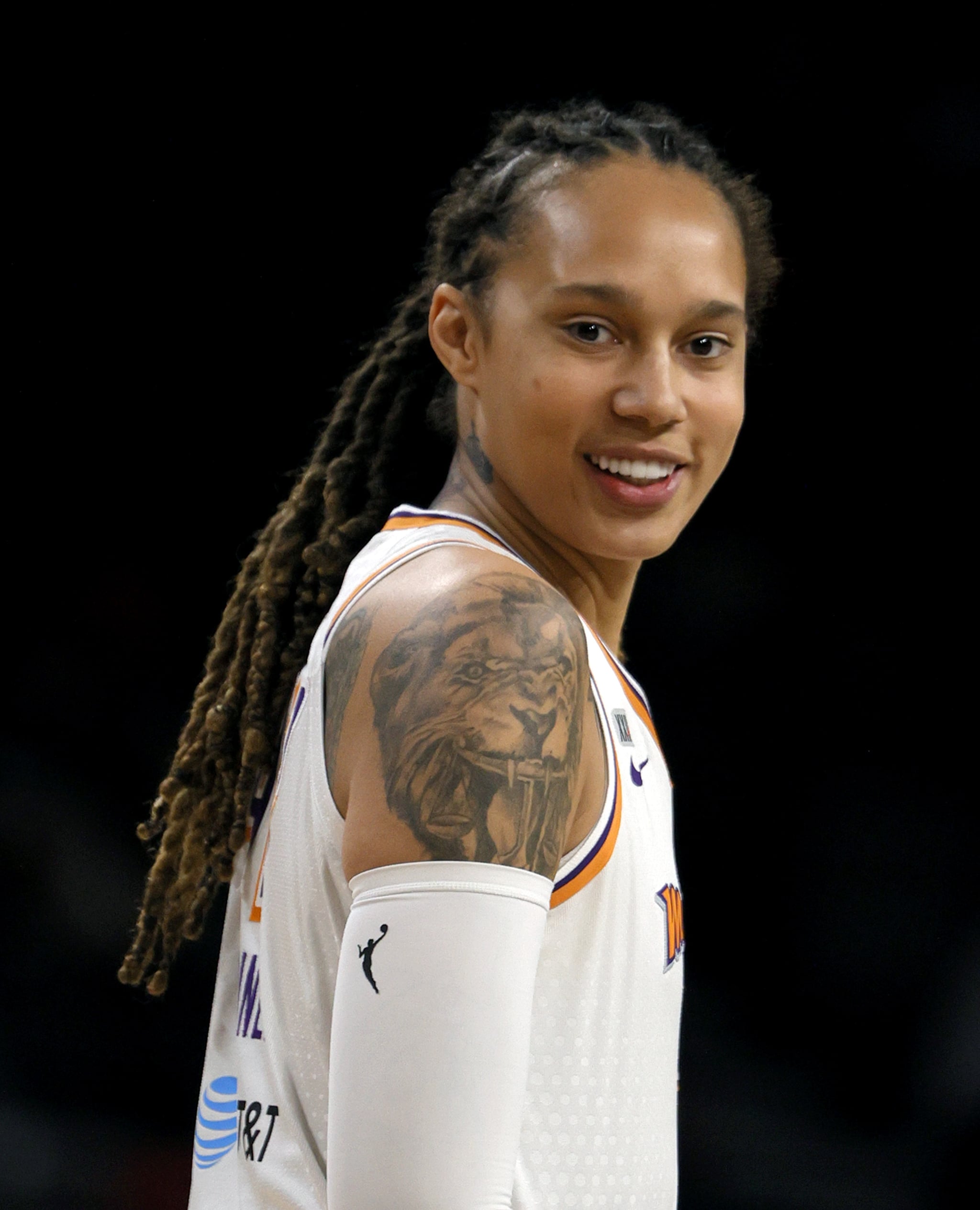 LAS VEGAS, NEVADA - SEPTEMBER 30: Brittney Griner #42 of the Phoenix Mercury smiles before game two of the 2021 WNBA Playoffs Semifinals against the Las Vegas Aces at Michelob ULTRA Arena on September 30, 2021 in Las Vegas, Nevada.  The Mercury defeated the Aces 117-91.  NOTICE TO USER: User expressly acknowledges and agrees that by downloading and/or using this photograph, the user agrees to the terms of the Getty Images License Agreement.  (Photo by Ethan Miller/Getty Images)