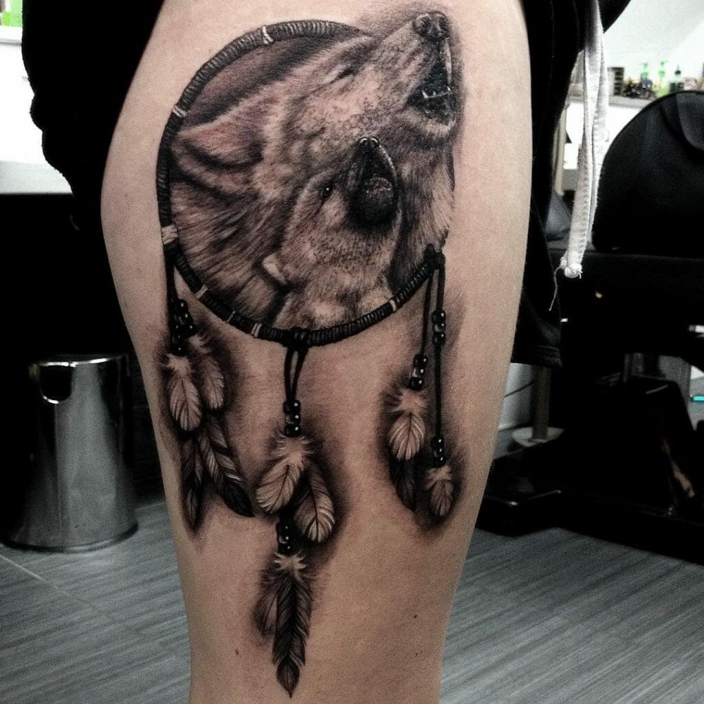 Wolf and Wolf Baby Dream Catcher Tattoo