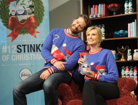 Here's Jane Lynch, 55, snuggling up with a pug, and fellow Glee companion Matthew Morrison, 37. The actors were both involved in air freshener brand Febreze's 12 Stinks of Christmas campaign. "When the turkey is on fire and your bathroom is heavily frequented by partygoers, you notice: the holidays stink," said The 40-year-old Virgin star.  Morrison, who also appears on Broadway, also collaborated with his former TV co-star for a merry Christmas duet: "We always have such a great time together" he said.  Pictured: Jane Lynch gets festive with Matthew Morrison and Doug the Pug., Jane Lynch gets festive with Matthew Morrison Doug the Pug.  Ref: SPL1193030 101215 NOT EXCLUSIVE Image from: SplashNews.com Splash News and Pictures Los Angeles: 310-821-2666 New York: 212-619-2666 London: +44 (0)20 7644 7656 Berlin: +49 175 3764 166 photodesk @splashnews.com World rights