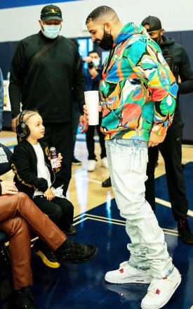 Mandatory Credit: Cassy Athena/London Entertainment/Shutterstock Mandatory Credit: Photo by Cassy Athena/London Entertainment/Shutterstock (12072771ag) Drake and son Adonis Graham Sierra Canyon vs Corona Centennial, CIF Southern Sectional Basketball Finals, Chatsworth, Los Angeles, California, USA - June 11, 2021